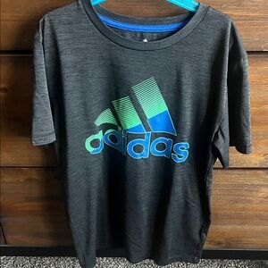 Adidas Kids Charcoal Tee with Vibrant Blue and Green Logo